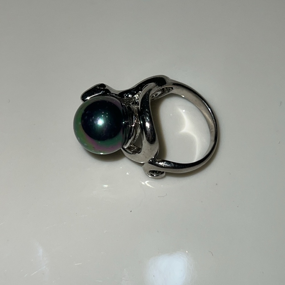 Vintage Silver Snake Swallowing Black Pearl  Ring Sz 6.5 EUC
